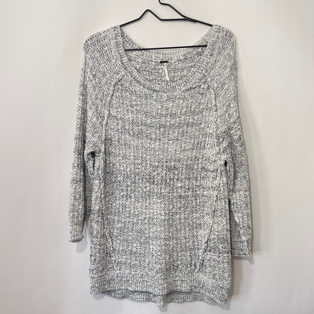Free People Sweater Womens Medium White Gray Cable Knit Scoop Neck Pullover Top - Picture 4 of 10